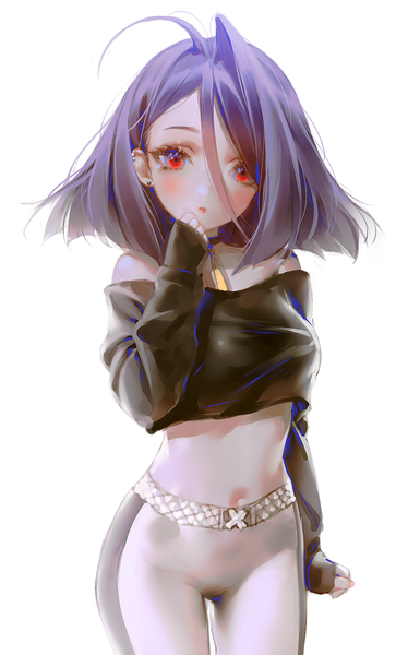 Anime picture 1218x1954 with original zenke single tall image looking at viewer blush fringe short hair breasts light erotic simple background hair between eyes red eyes standing white background bare shoulders purple hair ahoge parted lips off shoulder