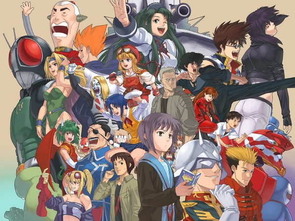 Anime picture 1600x1200 with neon genesis evangelion suzumiya haruhi no yuutsu mobile suit gundam fullmetal alchemist shingetsutan tsukihime ghost in the shell cowboy bebop kamen rider trigun doraemon macross 7 zeta gundam kamen rider black rx detroit metal city final fantasy final fantasy vi summon night sunrise (studio) kyoto animation production i.g