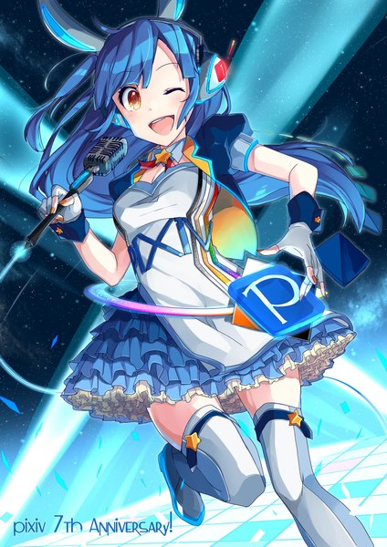 Anime picture 1500x2121 with original pixiv-tan kayei nou single long hair tall image looking at viewer blush fringe open mouth smile holding animal ears blue hair cleavage bent knee (knees) one eye closed wink inscription night