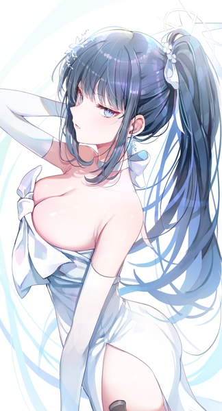 Anime picture 2696x4996 with blue archive saori (blue archive) saori (dress) (blue archive) misyune single long hair tall image looking at viewer highres breasts blue eyes light erotic black hair large breasts payot cleavage ponytail official alternate costume side slit girl