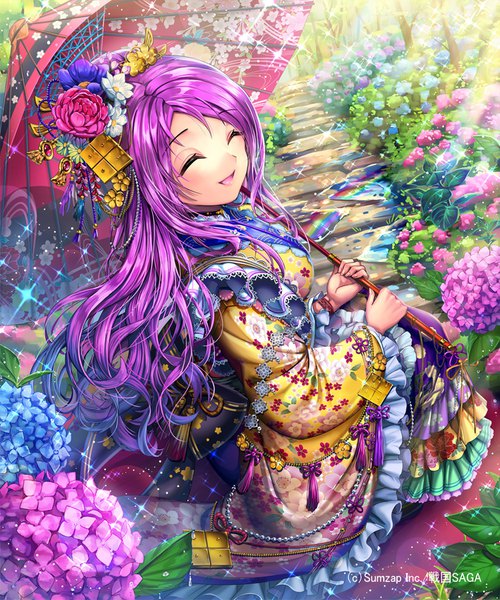 Anime picture 800x960 with sengoku saga ells (ellsat) single long hair tall image blush fringe open mouth smile hair between eyes sitting holding purple hair outdoors eyes closed traditional clothes japanese clothes multicolored hair hair flower fingernails