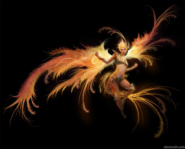 Anime picture 1600x1289 with alextooth single short hair simple background signed orange hair realistic tattoo black background girl navel wings bracelet armor feather (feathers) phoenix