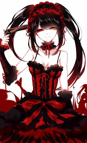 Anime picture 2048x3351 with date a live tokisaki kurumi sheya single long hair tall image looking at viewer highres black hair simple background smile white background twintails payot cleavage heterochromia lolita fashion uneven twintails suicide girl