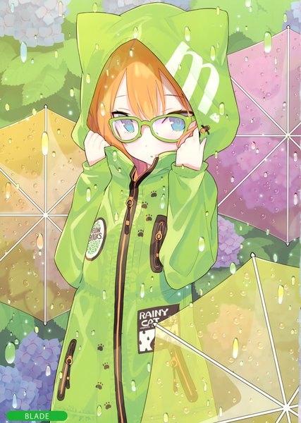 Anime-Bild 2105x2958 mit original blade (galaxist) single long hair tall image looking at viewer highres blue eyes standing signed long sleeves parted lips scan orange hair arms up rain transparent transparent umbrella girl flower (flowers)