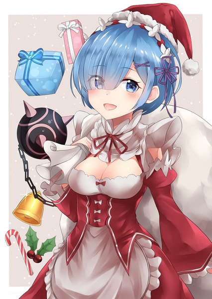 Anime picture 715x1008 with re:zero kara hajimeru isekai seikatsu white fox rem (re:zero) 28aarts single tall image looking at viewer blush fringe short hair breasts open mouth blue eyes light erotic simple background blue hair hair over one eye wide sleeves sparkle maid