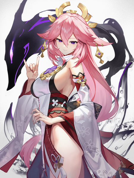 Anime picture 1880x2500 with genshin impact yae miko scottie (phantom2) single long hair tall image looking at viewer fringe highres breasts light erotic smile hair between eyes standing purple eyes animal ears pink hair traditional clothes japanese clothes wide sleeves
