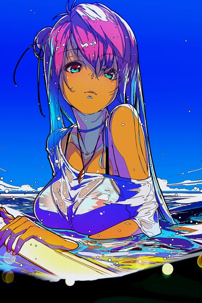 Anime picture 1135x1706 with original apapico single tall image fringe breasts light erotic hair between eyes large breasts pink hair sky upper body outdoors aqua eyes off shoulder hair bun (hair buns) partially submerged wet clothes tan swimming