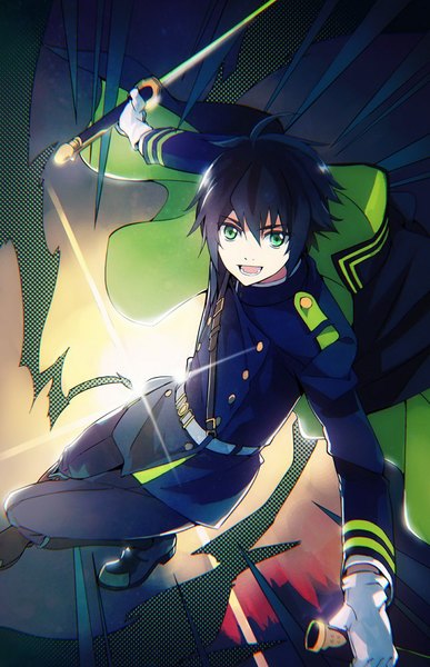 Anime picture 645x1000 with owari no seraph wit studio hyakuya yuuichirou takerusilt tall image short hair black hair smile green eyes bent knee (knees) parted lips light dark background dark hair boy gloves uniform weapon sword white gloves