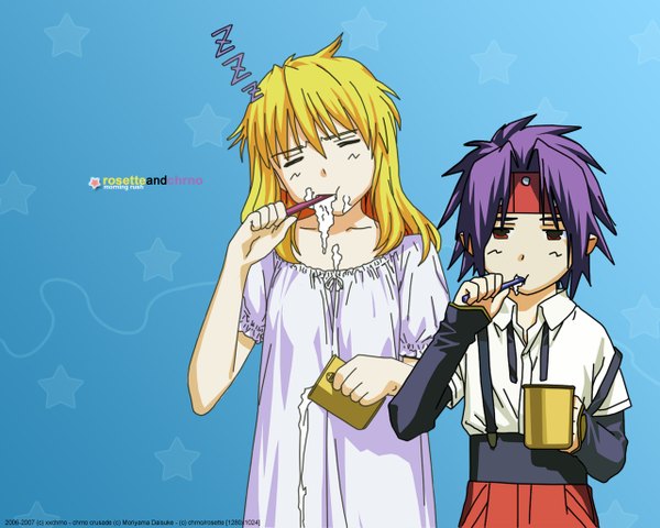 Anime picture 1280x1024 with chrono crusade gonzo rosette christopher chrono long hair blonde hair red eyes purple hair eyes closed blue background morning sleepy girl boy hairband suspenders chemise