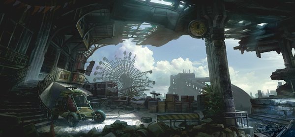 Anime picture 1500x700 with original chenkai (artist) wide image sky cloud (clouds) landscape ruins post-apocalyptic gun clock ground vehicle car ferris wheel carousel amusement park