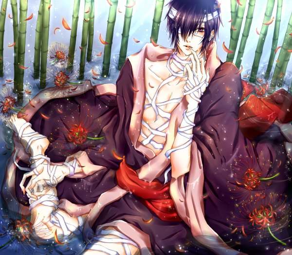 Anime picture 1258x1100 with vocaloid taito (vocaloid) kurumi kako single fringe short hair purple eyes purple hair hair over one eye wet wet clothes bandage over one eye boy flower (flowers) plant (plants) petals water bandage (bandages) lily (flower) bamboo
