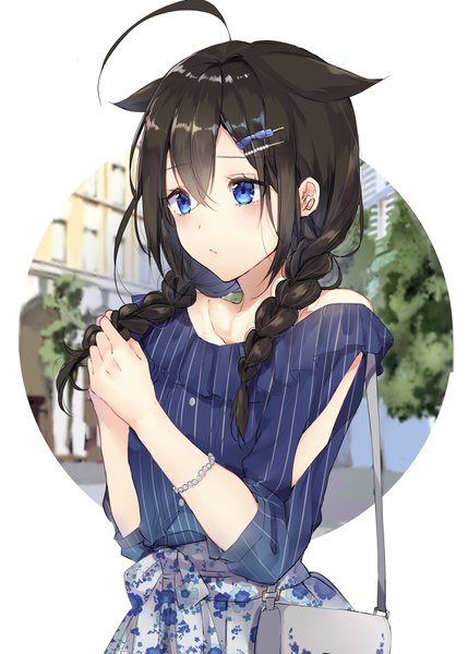 Anime picture 2324x3246 with kantai collection shigure destroyer kona (mmm) single long hair tall image blush fringe highres blue eyes black hair hair between eyes white background looking away upper body ahoge braid (braids) off shoulder alternate costume twin braids