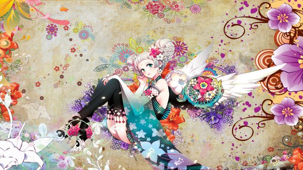 Anime picture 1600x900 with original nardack snyp (r0pyns) single blue eyes light erotic wide image bare shoulders white hair braid (braids) hair flower angel braided bun girl thighhighs hair ornament black thighhighs wings shoes