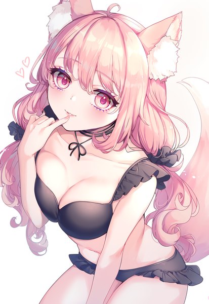 Anime picture 1200x1742 with original neko-san (dim.dream) single long hair tall image looking at viewer blush fringe breasts light erotic simple background smile hair between eyes standing white background twintails animal ears pink hair cleavage ahoge