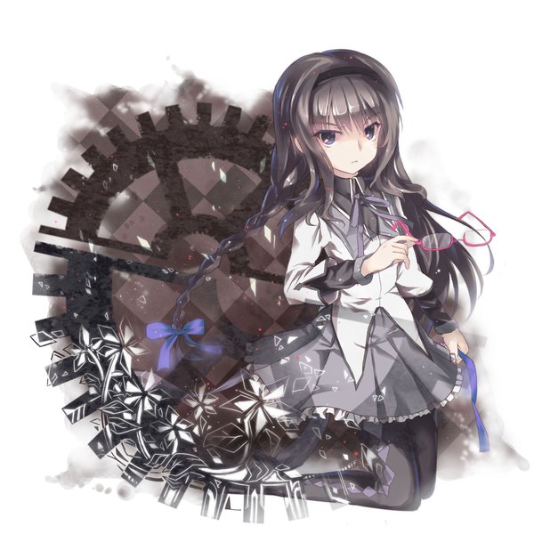Anime picture 2460x2460 with mahou shoujo madoka magica shaft (studio) akemi homura north abyssor single long hair highres black hair purple eyes twintails holding braid (braids) kneeling checkered floral background checkered background asymmetrical hair rhombus spoilers eyewear removed