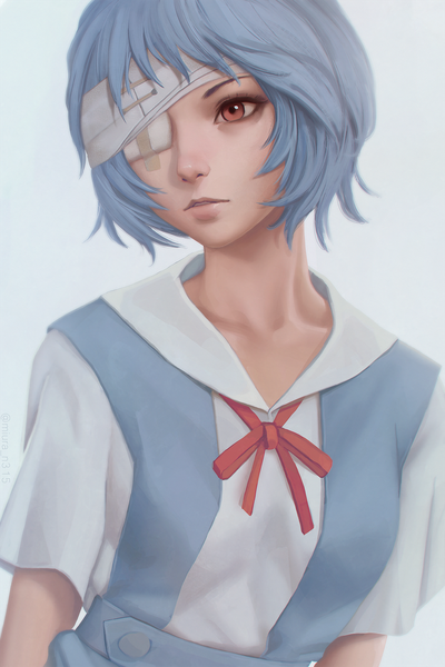 Anime picture 1080x1620 with neon genesis evangelion gainax ayanami rei miura-n315 single tall image short hair simple background red eyes blue hair looking away upper body parted lips realistic short sleeves girl uniform serafuku bandage (bandages) eyepatch