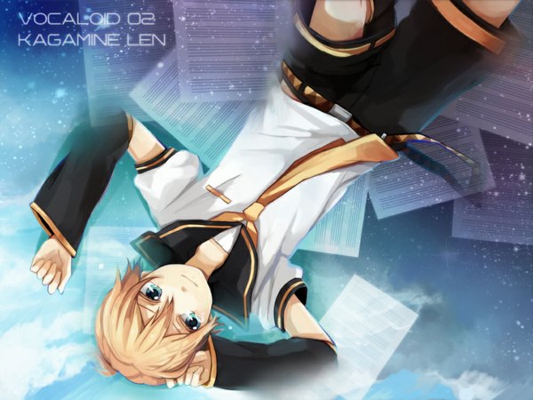 Anime picture 1000x750 with vocaloid kagamine len tama (songe) single short hair blue eyes blonde hair lying light smile inscription tears boy detached sleeves shorts paper musical note
