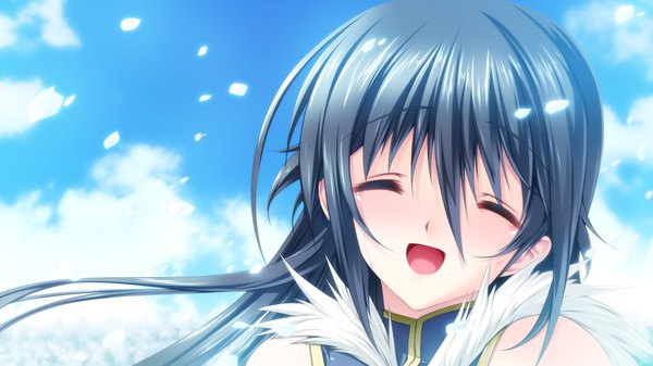 Anime picture 1280x720 with hyakka ryouran elixir senomoto hisashi long hair open mouth black hair wide image game cg cloud (clouds) eyes closed girl