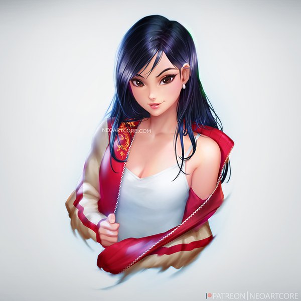 Anime picture 800x800 with mulan disney hua mulan nudtawut thongmai single long hair looking at viewer blush fringe breasts black hair simple background smile brown eyes cleavage upper body lips realistic off shoulder grey background