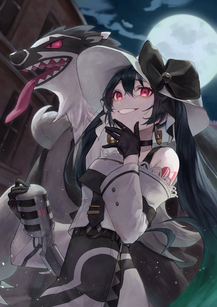 Anime picture 2894x4093 with pokemon vocaloid nintendo project voltage hatsune miku dark miku (project voltage) obstagoon bossan 3310 single long hair tall image fringe highres black hair smile hair between eyes red eyes twintails outdoors from below