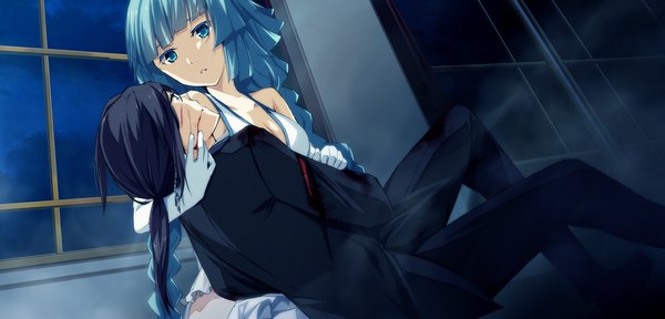 Anime picture 2250x1080 with soushuu senshinkan gakuen hachimyoujin g yuusuke long hair highres blue eyes black hair wide image blue hair game cg braid (braids) girl dress boy gloves elbow gloves blood