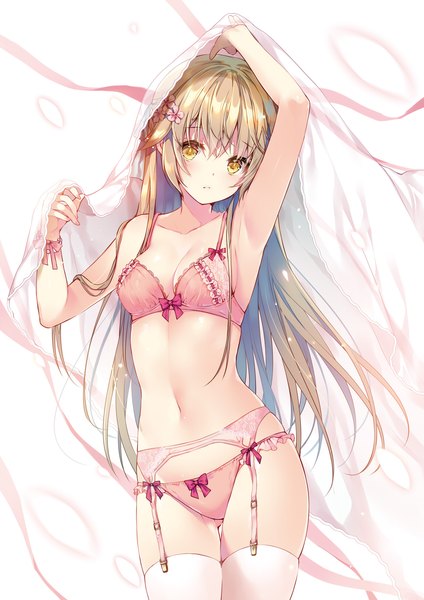 Anime picture 1357x1920 with original miwabe sakura single long hair tall image looking at viewer blush fringe breasts open mouth light erotic simple background blonde hair hair between eyes standing white background holding yellow eyes cleavage arm up