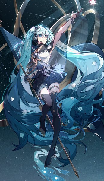 Anime picture 1080x1877 with vocaloid hatsune miku polaris miku su qing single tall image fringe blue eyes hair between eyes twintails blue hair looking away full body very long hair arm up sleeveless girl thighhighs gloves black thighhighs