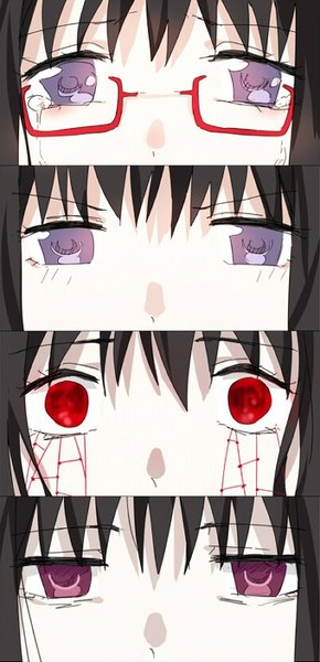 Anime picture 400x827 with mahou shoujo madoka magica shaft (studio) akemi homura homulilly dong jian dao tall image looking at viewer fringe black hair red eyes purple eyes tears close-up multiview expressionless sad eyes girl glasses