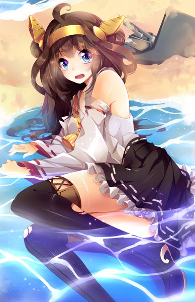 Anime picture 1294x2000 with kantai collection kongou battleship squchan single long hair tall image blush open mouth blue eyes brown hair ahoge traditional clothes pleated skirt torn clothes on side sand nontraditional miko girl thighhighs skirt