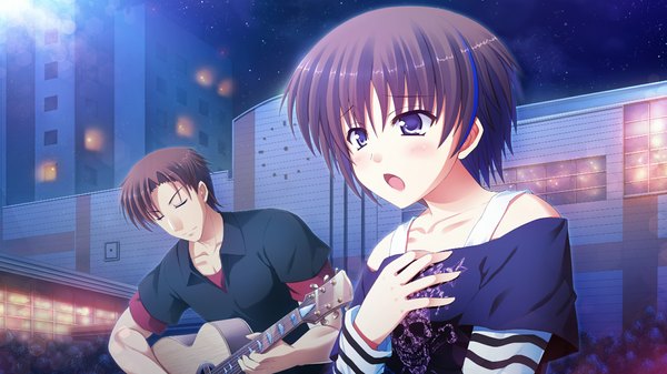 Anime picture 1280x720 with atled everlasting song short hair open mouth blue eyes black hair wide image game cg eyes closed girl boy guitar