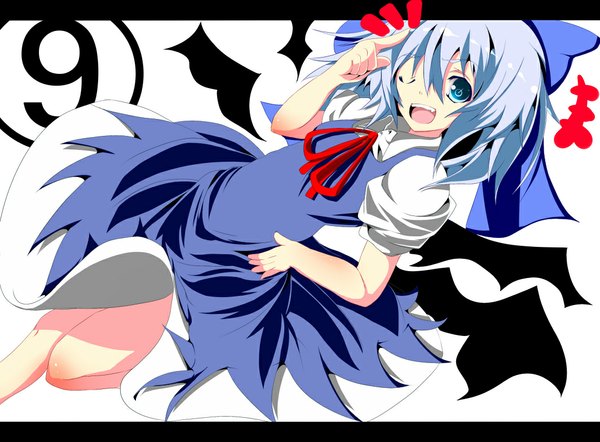 Anime picture 1064x784 with touhou cirno sukage single short hair open mouth blue eyes blue hair one eye closed wink letterboxed girl dress bow hair bow wings