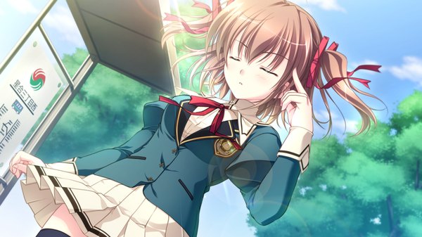 Anime picture 1280x720 with root double toba mashiro short hair brown hair wide image twintails game cg eyes closed short twintails girl uniform ribbon (ribbons) hair ribbon school uniform