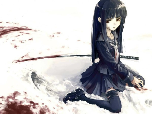 Anime picture 1024x768 with original konoe ototsugu single long hair black hair sitting wariza girl thighhighs sword serafuku blood