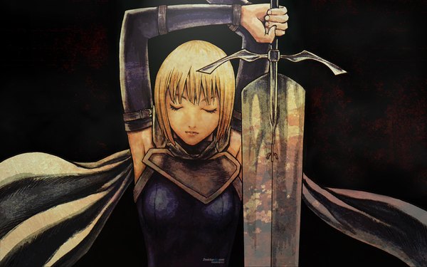 イラスト 1920x1200 と クレイモア マッドハウス clare (claymore) ソロ highres 短い髪 金髪 wide image eyes closed dark background 女の子 武器 袖だけ マント でかい武器 巨大