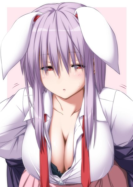 Anime picture 1446x2031 with touhou reisen udongein inaba nori tamago single long hair tall image blush fringe breasts light erotic hair between eyes red eyes large breasts animal ears looking away cleavage purple hair bunny ears bunny girl partially open clothes