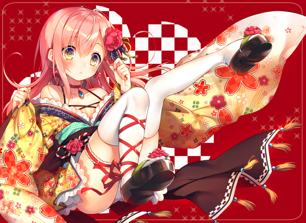 Anime picture 1516x1102 with original hiragi arisa toosaka asagi single long hair looking at viewer breasts light erotic blonde hair pink hair traditional clothes japanese clothes off shoulder pantyshot floral print red background knees touching girl thighhighs hair ornament