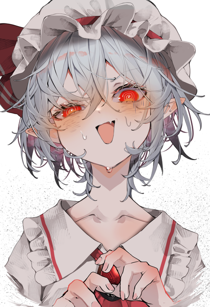 Anime-Bild 2816x4096 mit touhou remilia scarlet tsune (tune) single tall image looking at viewer fringe highres short hair open mouth simple background hair between eyes red eyes blue hair upper body head tilt :d pointy ears arms up sweat