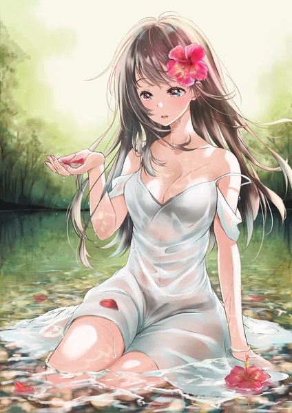 Anime-Bild 1447x2046 mit original timo wei95 single long hair tall image blush fringe breasts open mouth light erotic brown hair large breasts sitting holding looking away cleavage outdoors nail polish hair flower fingernails