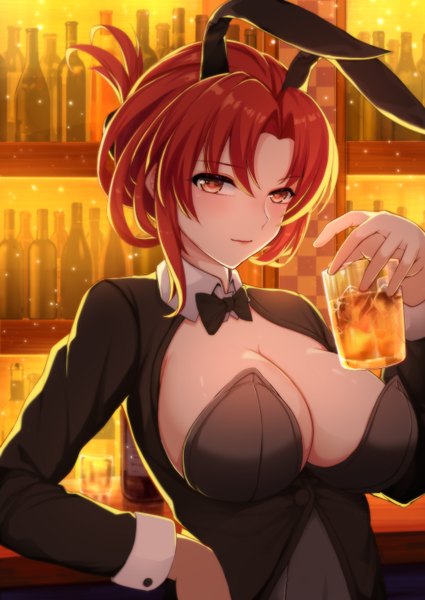 Anime picture 1000x1412 with honkai impact 3rd benghuai xueyuan honkai (series) murata himeko qunqing single tall image looking at viewer blush fringe short hair breasts light erotic hair between eyes red eyes large breasts standing holding animal ears payot