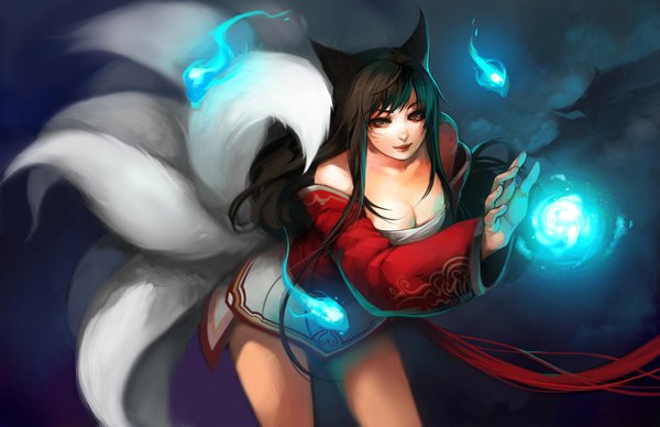 Anime picture 1024x663 with league of legends ahri (league of legends) ippus single long hair fringe breasts light erotic black hair bare shoulders animal ears animal tail light smile lips facial mark multiple tails whisker markings girl