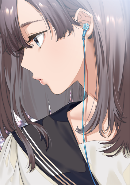 Anime picture 600x849 with original yanyo (ogino atsuki) single long hair tall image fringe blue eyes brown hair looking away upper body profile lips lipstick face pink lipstick girl uniform serafuku headphones cable