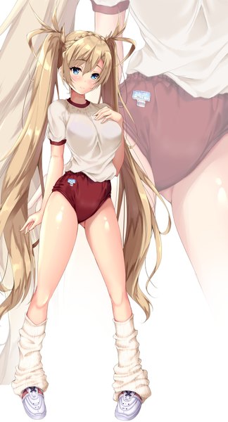 Anime picture 1082x2000 with fate (series) fate/grand order bradamante (fate/grand order) fukuda shuushi tall image looking at viewer blush fringe blue eyes light erotic blonde hair simple background hair between eyes standing white background twintails payot full body braid (braids) very long hair