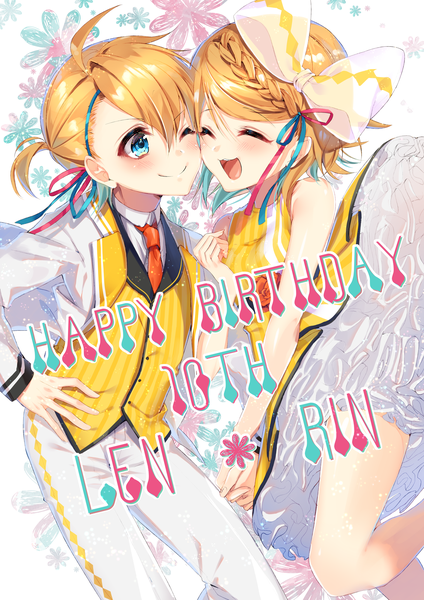 Anime picture 1414x2000 with vocaloid kagamine rin kagamine len tyanotya tall image blush fringe short hair open mouth blue eyes blonde hair smile hair between eyes ahoge eyes closed character names hand on hip ^ ^ siblings twins