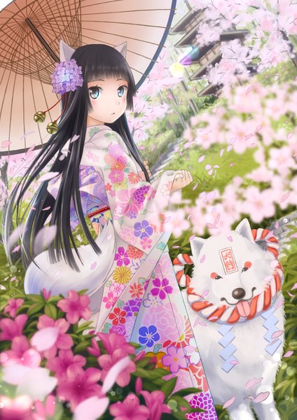 Anime picture 1191x1684 with original taka (tsmix) single long hair tall image looking at viewer blue eyes black hair animal ears tail traditional clothes japanese clothes animal tail hair flower girl hair ornament flower (flowers) animal petals kimono