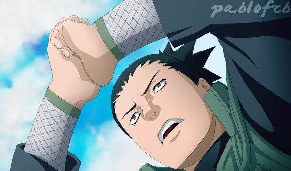 Anime picture 1200x704 with naruto studio pierrot naruto (series) nara shikamaru pablofcb single short hair open mouth black hair wide image sky cloud (clouds) from below grey eyes coloring face boy