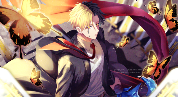 Anime picture 2894x1583 with mashle a-1 pictures rayne ames sogen ichi wa single highres short hair black hair blonde hair wide image signed yellow eyes multicolored hair from above two-tone hair twitter username boy necktie insect butterfly