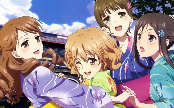 Anime picture 2560x1600 with hanasaku iroha p.a. works matsumae ohana oshimizu nako tsurugi minko wakura yuina blush highres short hair open mouth black hair brown hair wide image multiple girls sky cloud (clouds) japanese clothes one eye closed wink black eyes