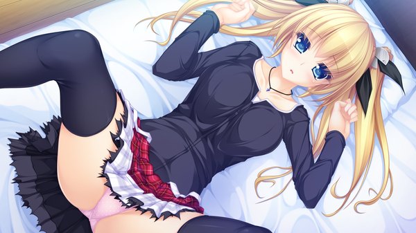 Anime picture 1920x1080 with usotsuki ouji to nayameru ohime-sama tsukioka izumi tenmaso long hair highres blue eyes light erotic blonde hair wide image twintails game cg girl thighhighs skirt underwear panties bow black thighhighs hair bow