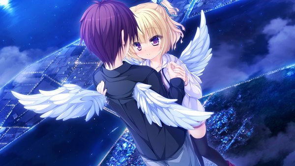 Anime picture 1920x1080 with world election whirlpool (studio) parfil (world election) blush highres short hair blonde hair smile wide image purple eyes game cg purple hair night couple flying girl thighhighs boy black thighhighs wings