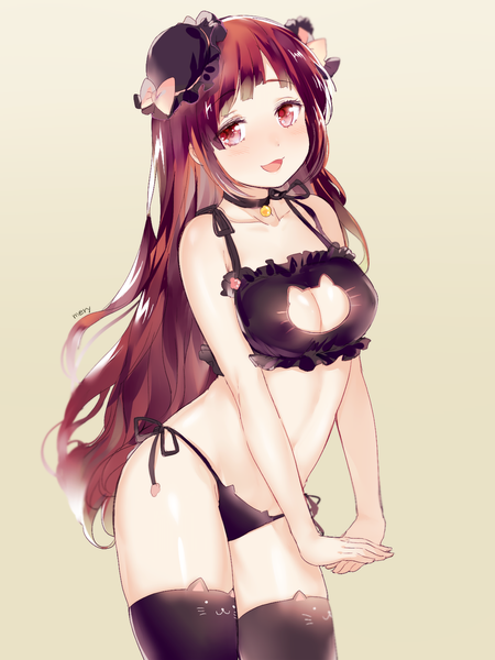 Anime picture 1200x1600 with original mery (yangmalgage) single long hair tall image looking at viewer blush fringe breasts open mouth light erotic simple background smile red eyes signed red hair :d hair bun (hair buns) underwear only crossed arms